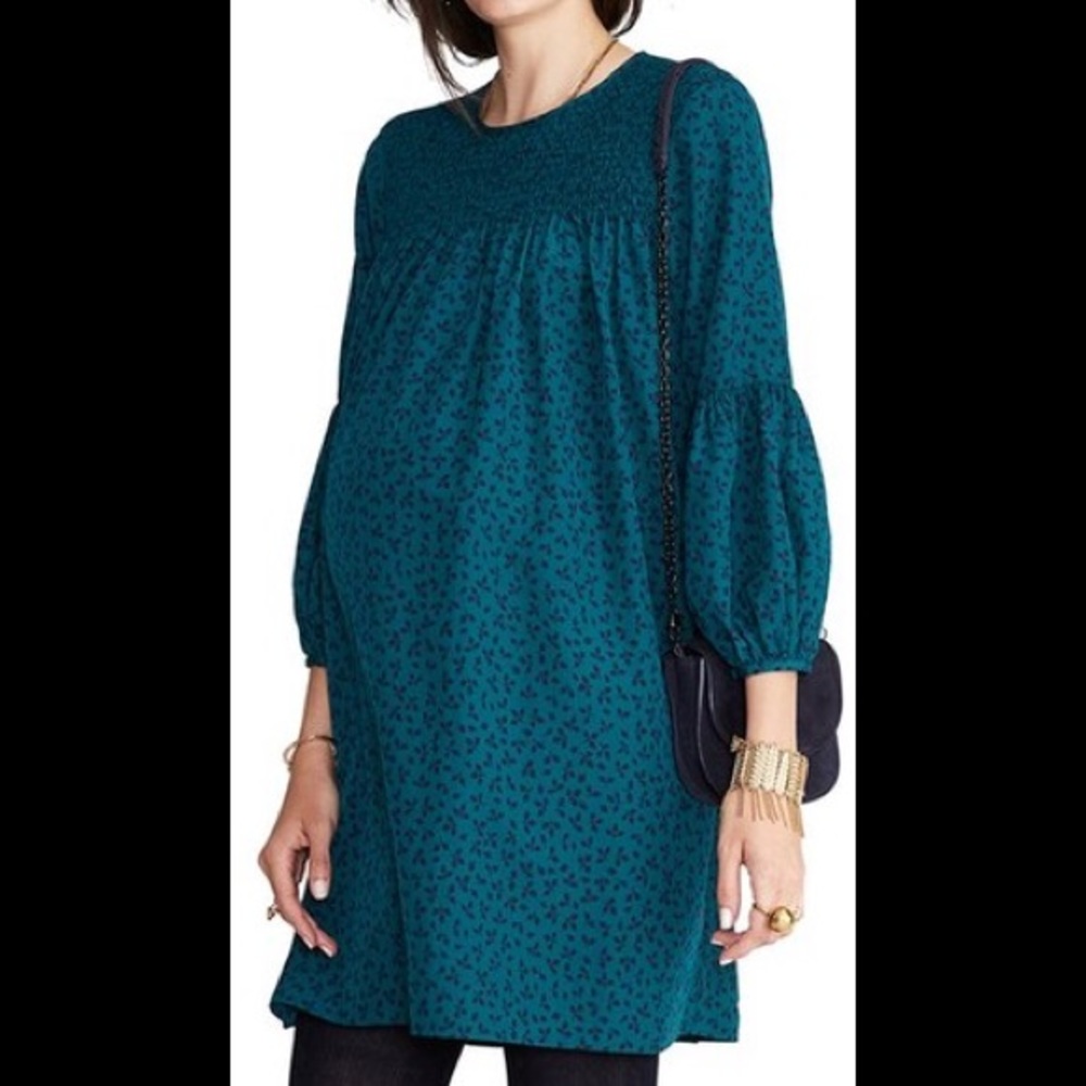 Hatch Arizona Maternity Dress Falling Leaves Print Jade/Teal Smocked Size 2-6/8